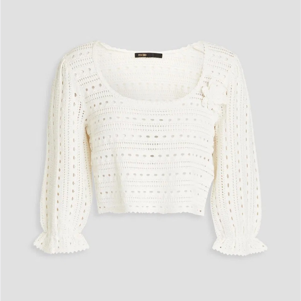 MAJE Marcia Cropped Embellished Crochet-Knit Sweater - M